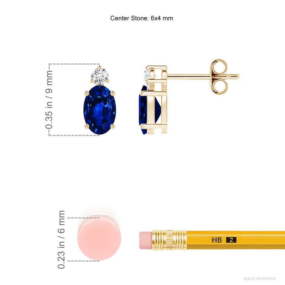 6x4mm AAAA Basket-Set Oval Blue Sapphire Stud Earrings with Diamond in Yellow Gold ruler