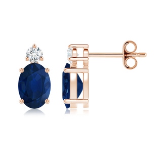 7x5mm AA Basket-Set Oval Blue Sapphire Stud Earrings with Diamond in Rose Gold