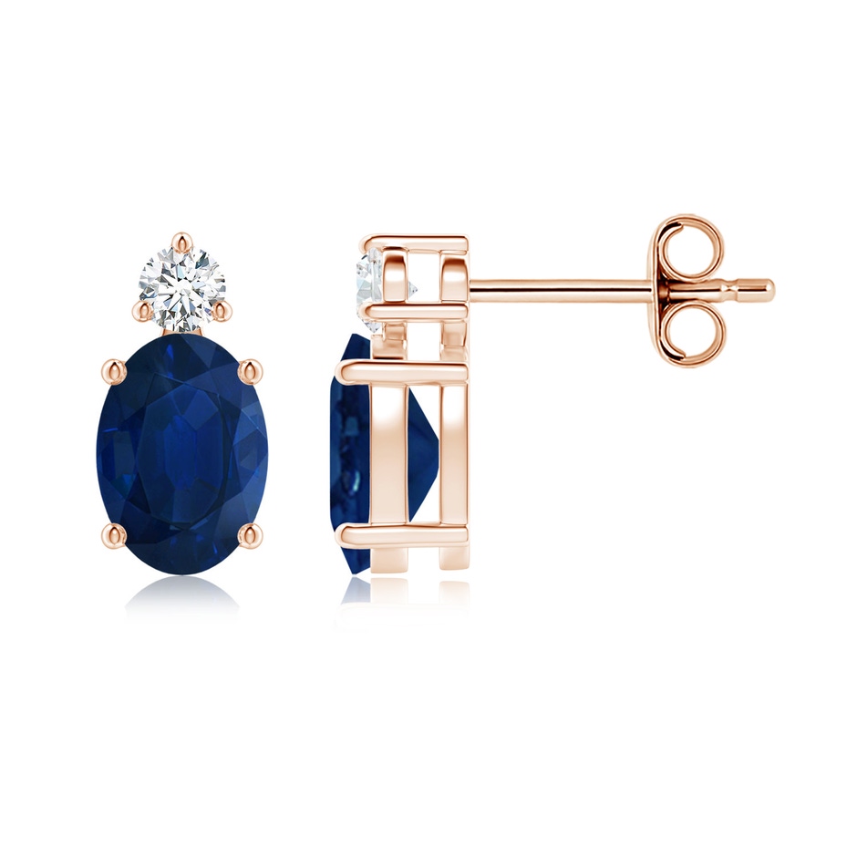 7x5mm AA Basket-Set Oval Blue Sapphire Stud Earrings with Diamond in Rose Gold 