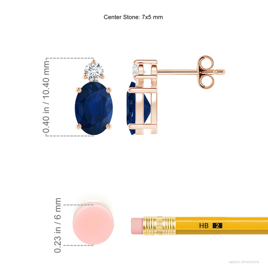 7x5mm AA Basket-Set Oval Blue Sapphire Stud Earrings with Diamond in Rose Gold ruler