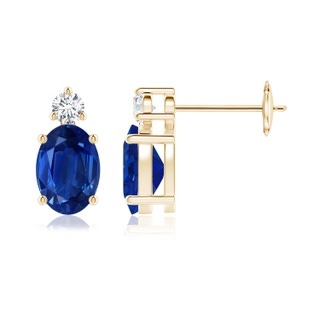 7x5mm AAA Basket-Set Oval Blue Sapphire Stud Earrings with Diamond in 9K Yellow Gold