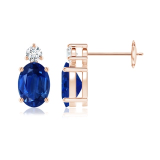 7x5mm AAA Basket-Set Oval Blue Sapphire Stud Earrings with Diamond in Rose Gold