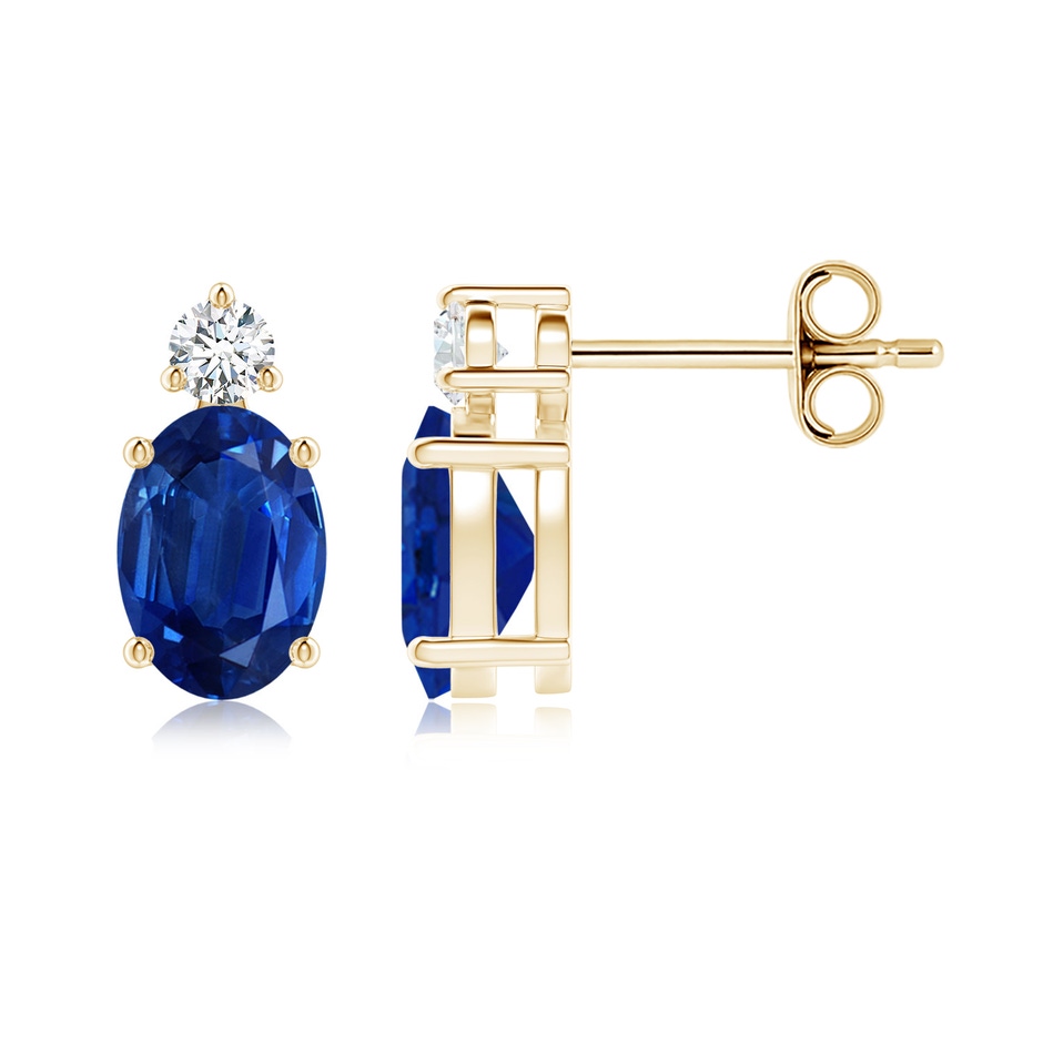 7x5mm AAA Basket-Set Oval Blue Sapphire Stud Earrings with Diamond in Yellow Gold 