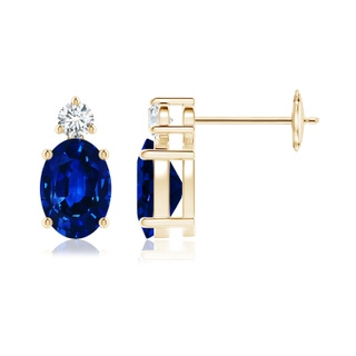 7x5mm AAAA Basket-Set Oval Blue Sapphire Stud Earrings with Diamond in 9K Yellow Gold