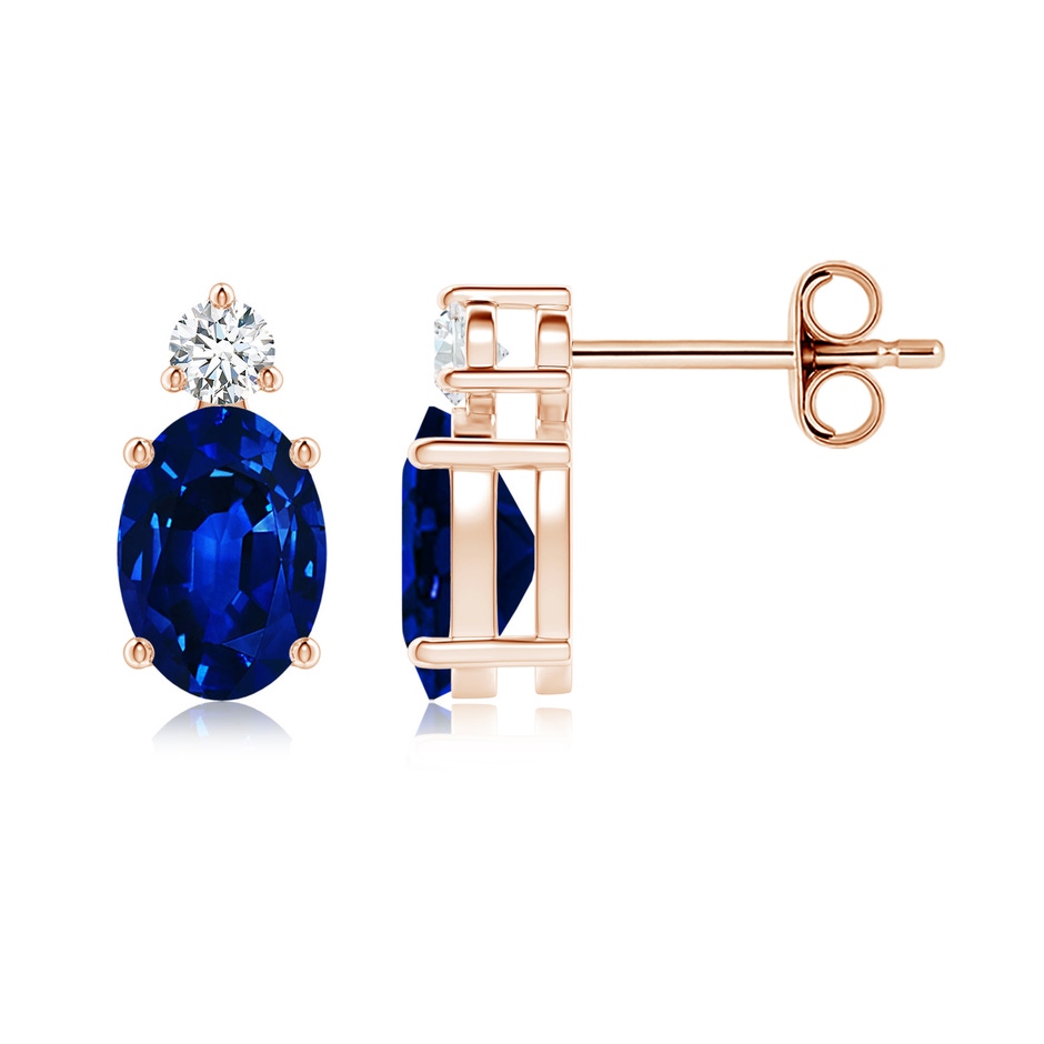7x5mm AAAA Basket-Set Oval Blue Sapphire Stud Earrings with Diamond in Rose Gold 
