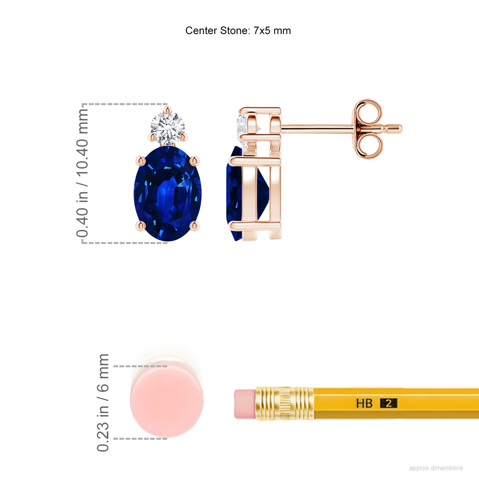 7x5mm AAAA Basket-Set Oval Blue Sapphire Stud Earrings with Diamond in Rose Gold ruler
