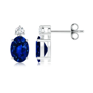 7x5mm AAAA Basket-Set Oval Blue Sapphire Stud Earrings with Diamond in White Gold