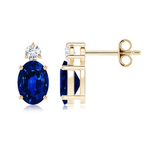 7x5mm AAAA Basket-Set Oval Blue Sapphire Stud Earrings with Diamond in Yellow Gold