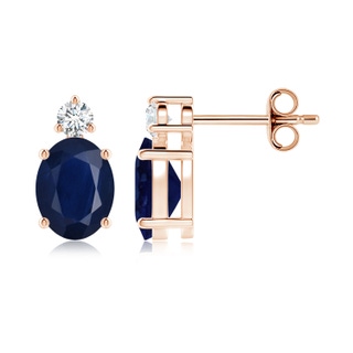8x6mm A Basket-Set Oval Blue Sapphire Stud Earrings with Diamond in Rose Gold