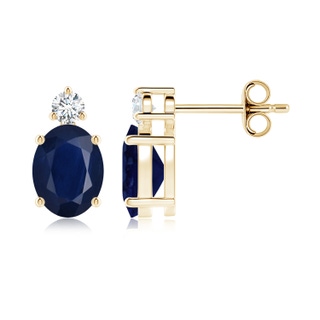 8x6mm A Basket-Set Oval Blue Sapphire Stud Earrings with Diamond in Yellow Gold