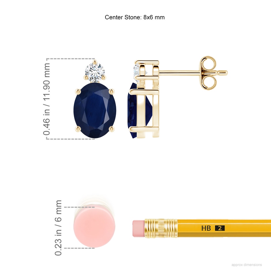 8x6mm A Basket-Set Oval Blue Sapphire Stud Earrings with Diamond in Yellow Gold ruler