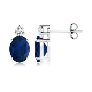 8x6mm AA Basket-Set Oval Blue Sapphire Stud Earrings with Diamond in White Gold