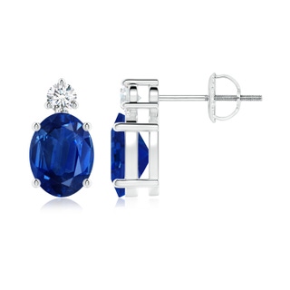 8x6mm AAA Basket-Set Oval Blue Sapphire Stud Earrings with Diamond in P950 Platinum
