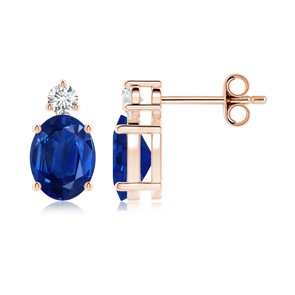 8x6mm AAA Basket-Set Oval Blue Sapphire Stud Earrings with Diamond in Rose Gold 
