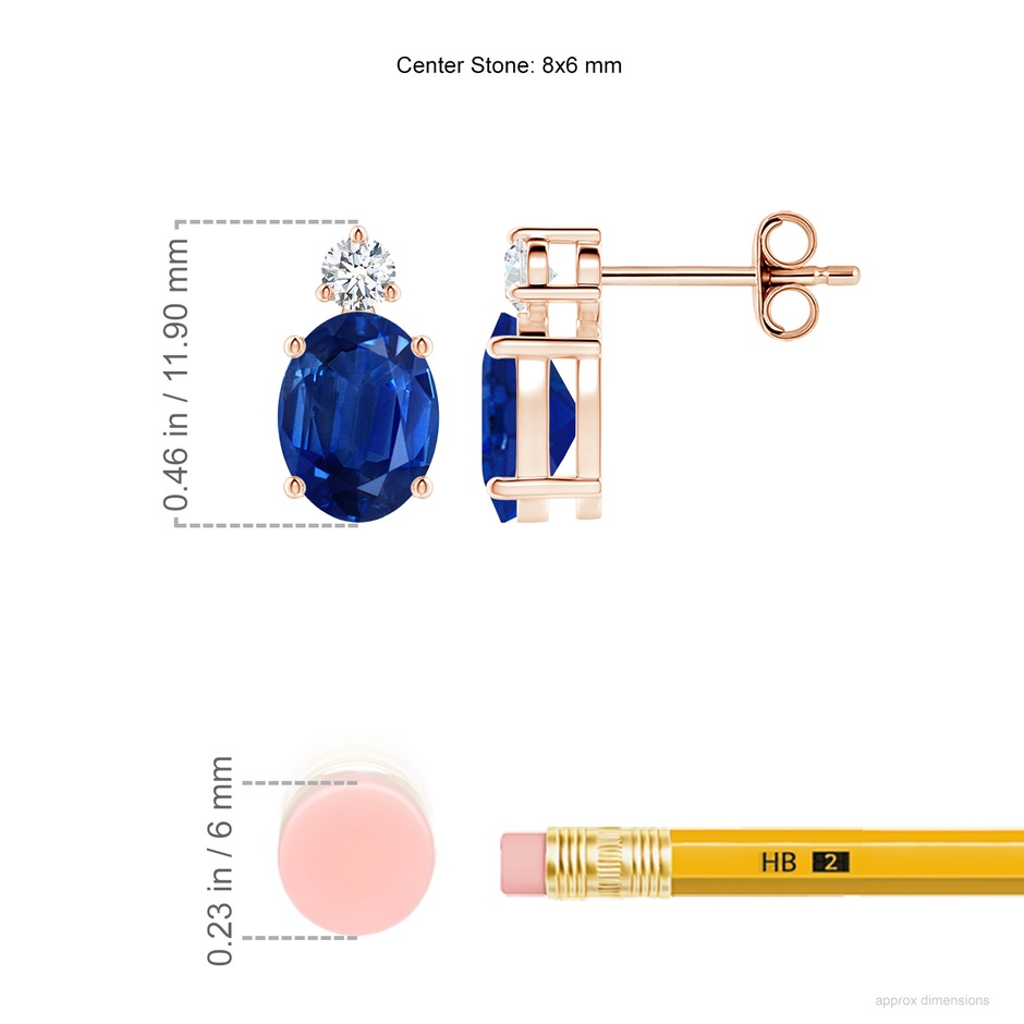 8x6mm AAA Basket-Set Oval Blue Sapphire Stud Earrings with Diamond in Rose Gold ruler