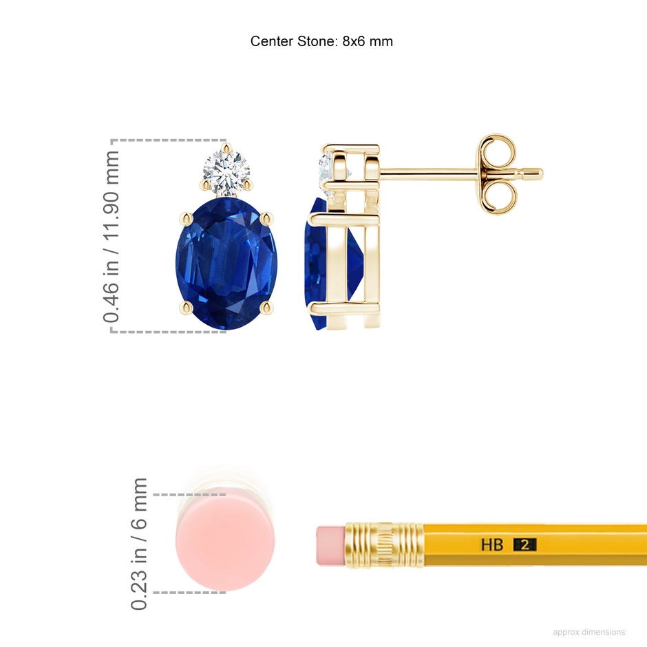 8x6mm AAA Basket-Set Oval Blue Sapphire Stud Earrings with Diamond in Yellow Gold ruler