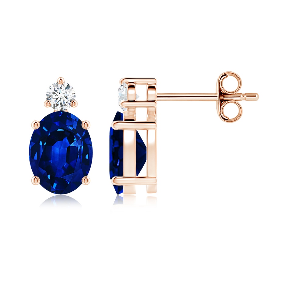 8x6mm AAAA Basket-Set Oval Blue Sapphire Stud Earrings with Diamond in Rose Gold 