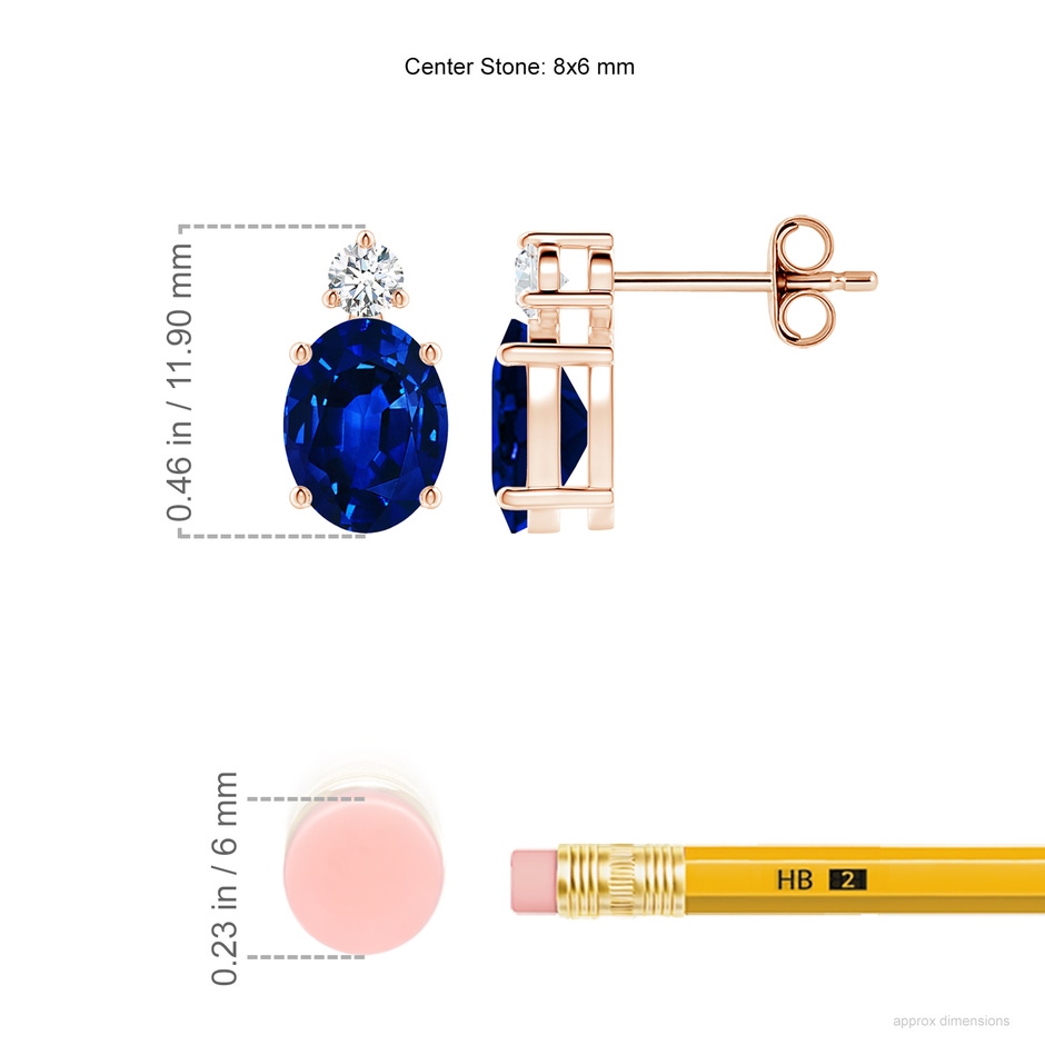 8x6mm AAAA Basket-Set Oval Blue Sapphire Stud Earrings with Diamond in Rose Gold ruler