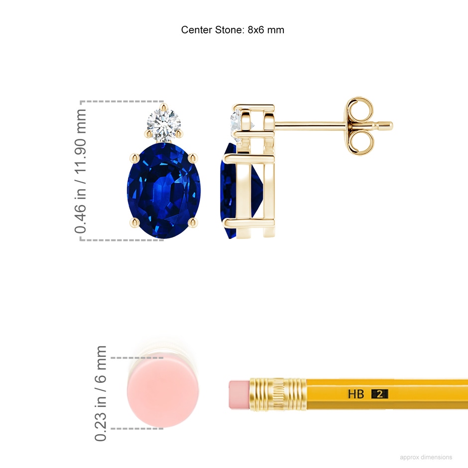 8x6mm AAAA Basket-Set Oval Blue Sapphire Stud Earrings with Diamond in Yellow Gold ruler