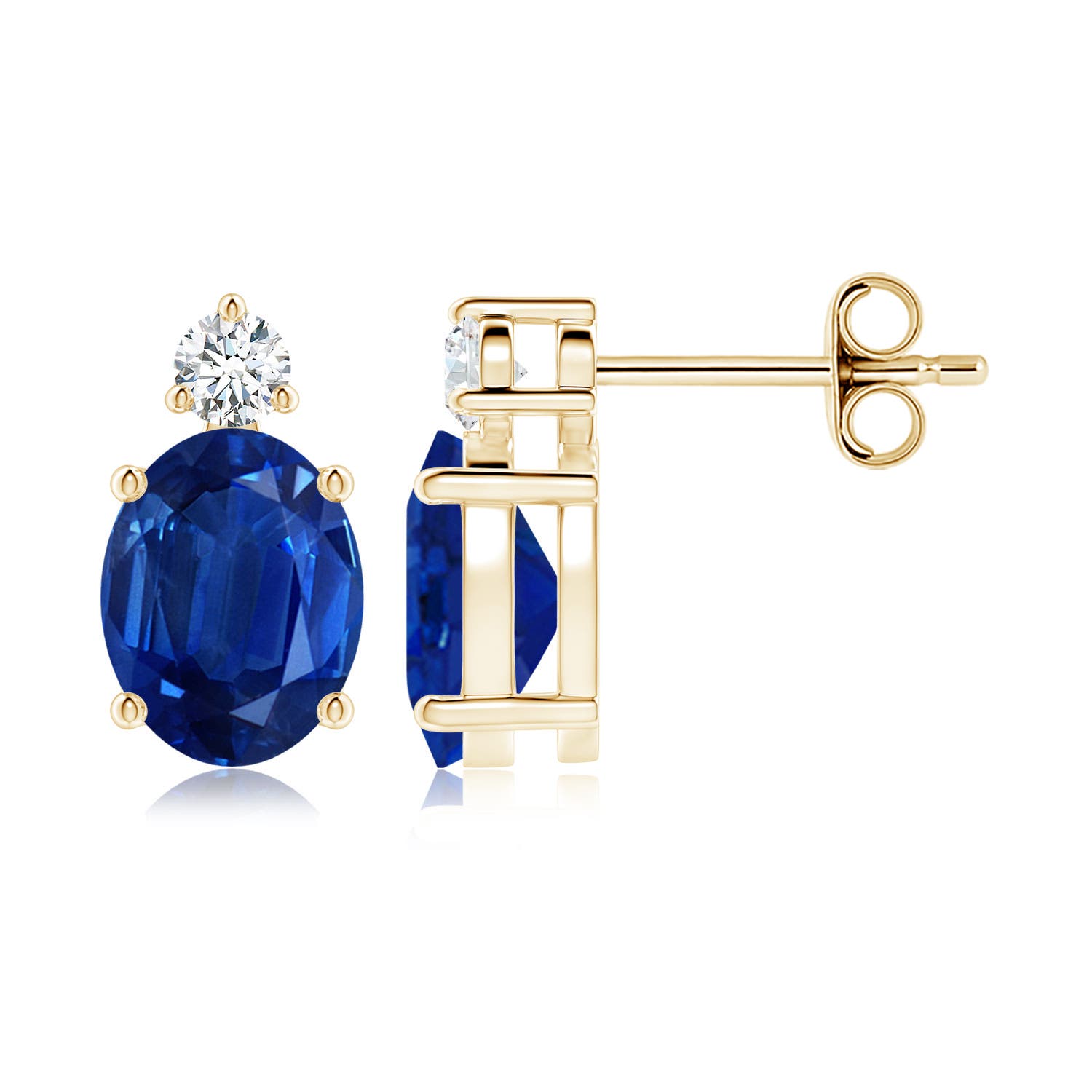 9x7mm AAA Basket-Set Oval Blue Sapphire Stud Earrings with Diamond in 18K Yellow Gold