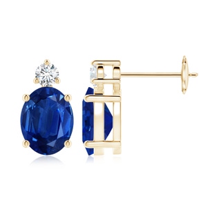 9x7mm AAA Basket-Set Oval Blue Sapphire Stud Earrings with Diamond in 9K Yellow Gold