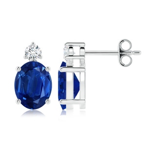 9x7mm AAA Basket-Set Oval Blue Sapphire Stud Earrings with Diamond in P950 Platinum