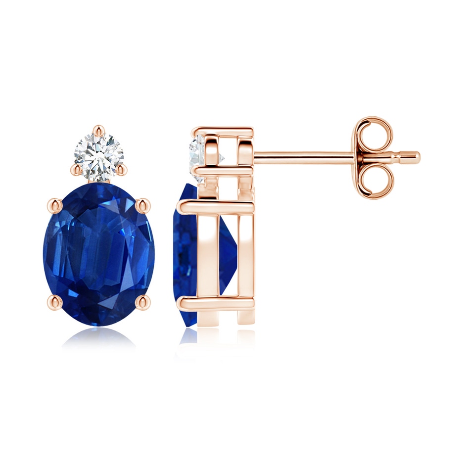 9x7mm AAA Basket-Set Oval Blue Sapphire Stud Earrings with Diamond in Rose Gold 