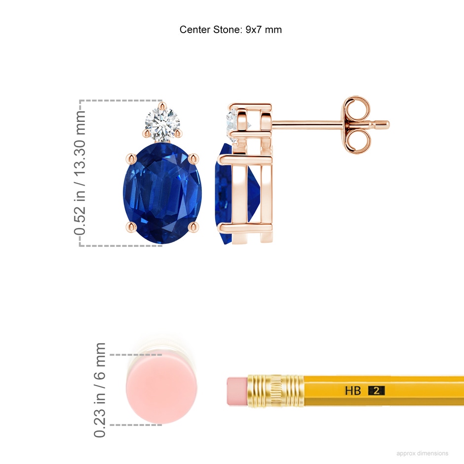 9x7mm AAA Basket-Set Oval Blue Sapphire Stud Earrings with Diamond in Rose Gold ruler