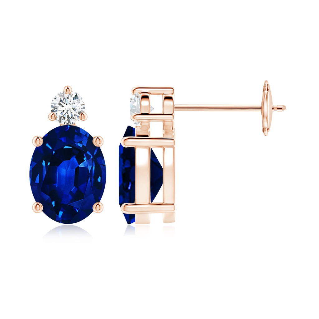 9x7mm AAAA Basket-Set Oval Blue Sapphire Stud Earrings with Diamond in 9K Rose Gold