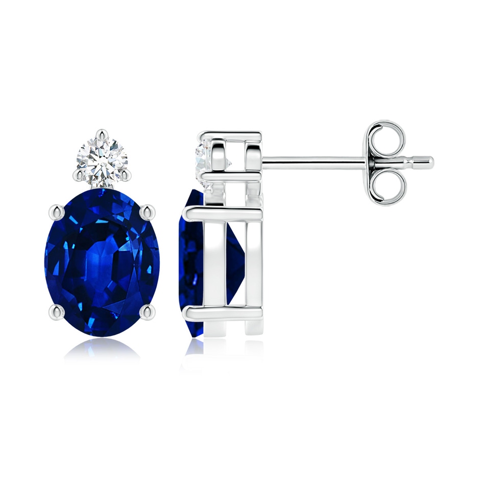 9x7mm AAAA Basket-Set Oval Blue Sapphire Stud Earrings with Diamond in P950 Platinum 