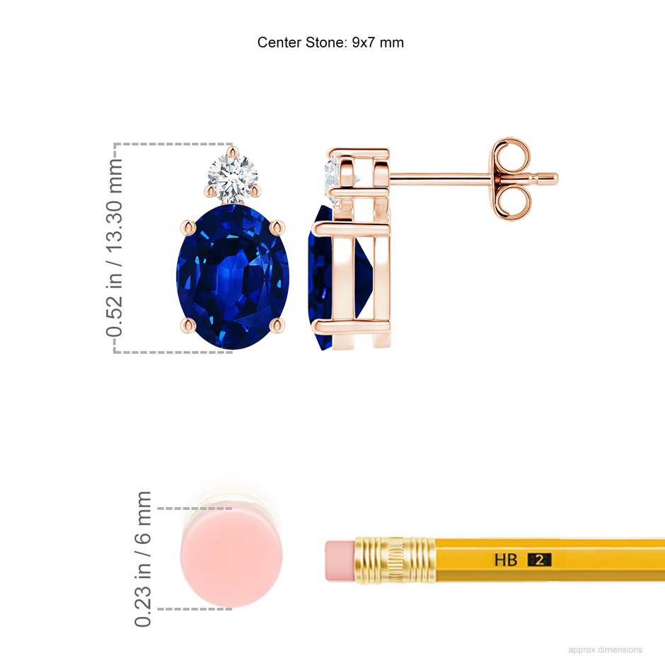 9x7mm AAAA Basket-Set Oval Blue Sapphire Stud Earrings with Diamond in Rose Gold ruler