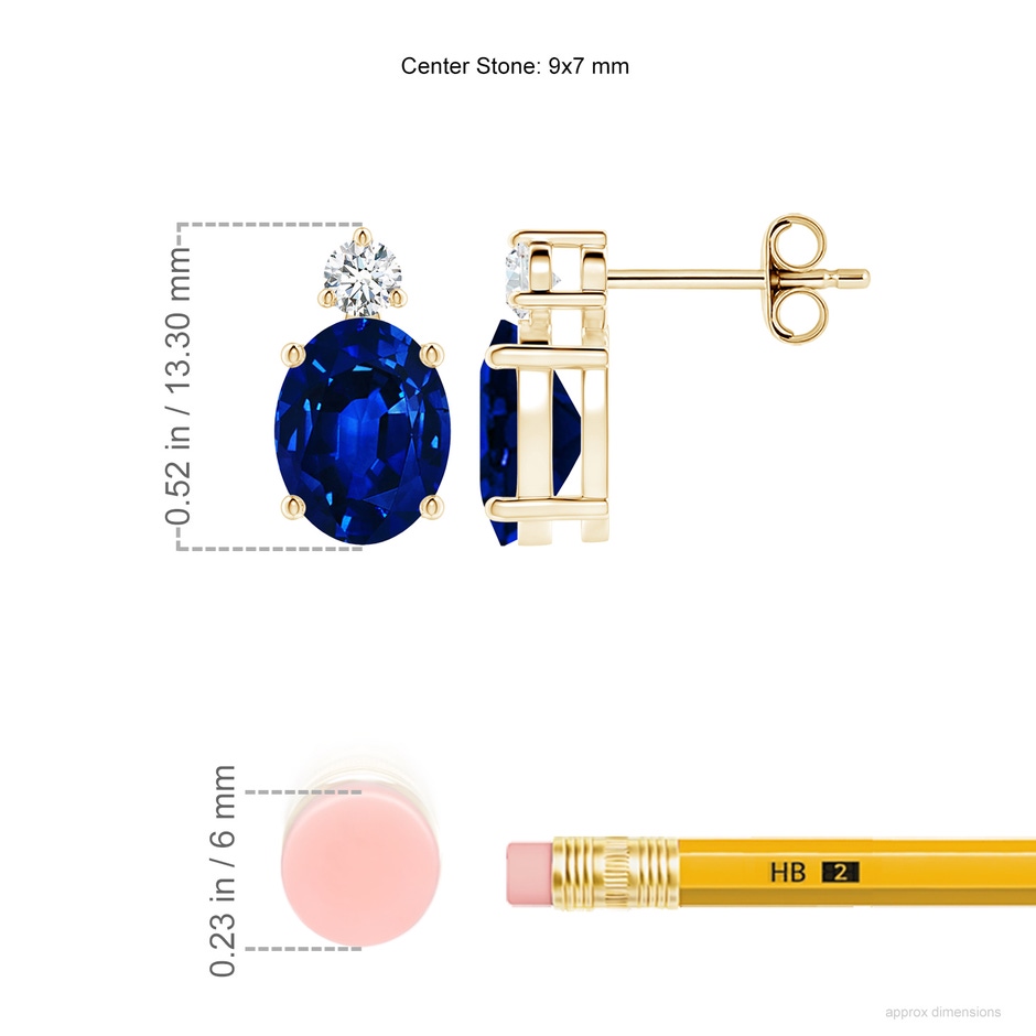 9x7mm AAAA Basket-Set Oval Blue Sapphire Stud Earrings with Diamond in Yellow Gold ruler