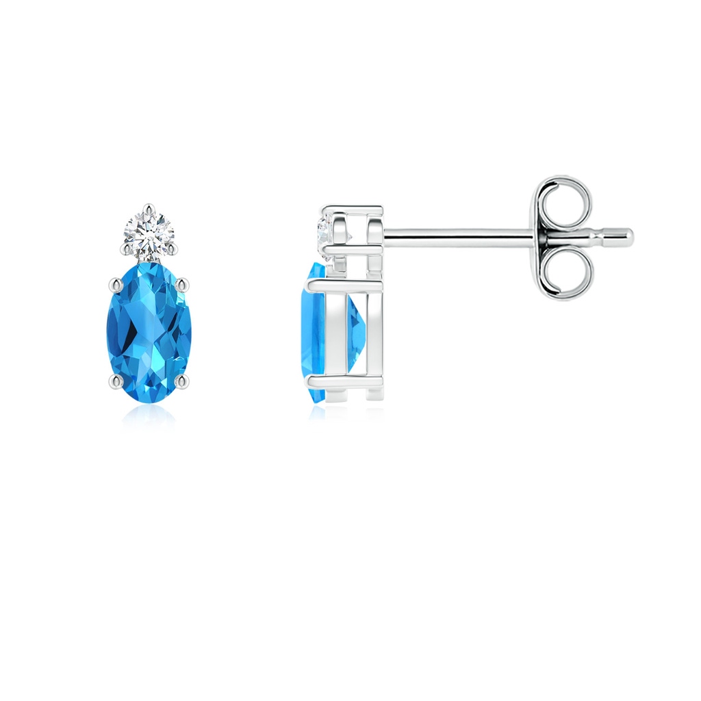 5x3mm AAAA Basket-Set Oval Swiss Blue Topaz Stud Earrings with Diamond in S999 Silver