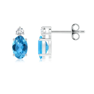 6x4mm AAA Basket-Set Oval Swiss Blue Topaz Stud Earrings with Diamond in White Gold