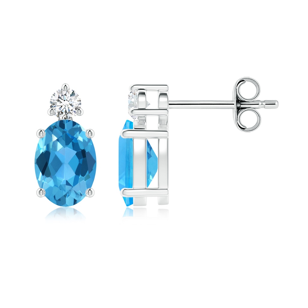 7x5mm AAA Basket-Set Oval Swiss Blue Topaz Stud Earrings with Diamond in White Gold