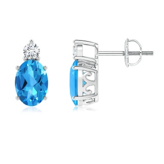 7x5mm AAAA Basket-Set Oval Swiss Blue Topaz Stud Earrings with Diamond in P950 Platinum
