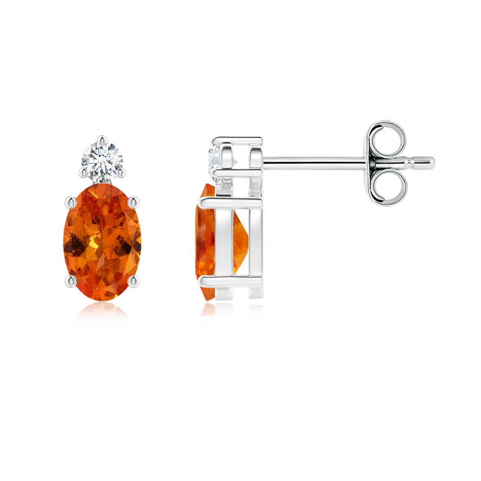 6x4mm AAA Basket-Set Oval Spessartite Stud Earrings with Diamond in White Gold 