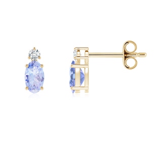 5x3mm A Basket-Set Oval Tanzanite Stud Earrings with Diamond in Yellow Gold