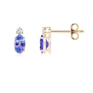 5x3mm AAA Basket-Set Oval Tanzanite Stud Earrings with Diamond in Yellow Gold