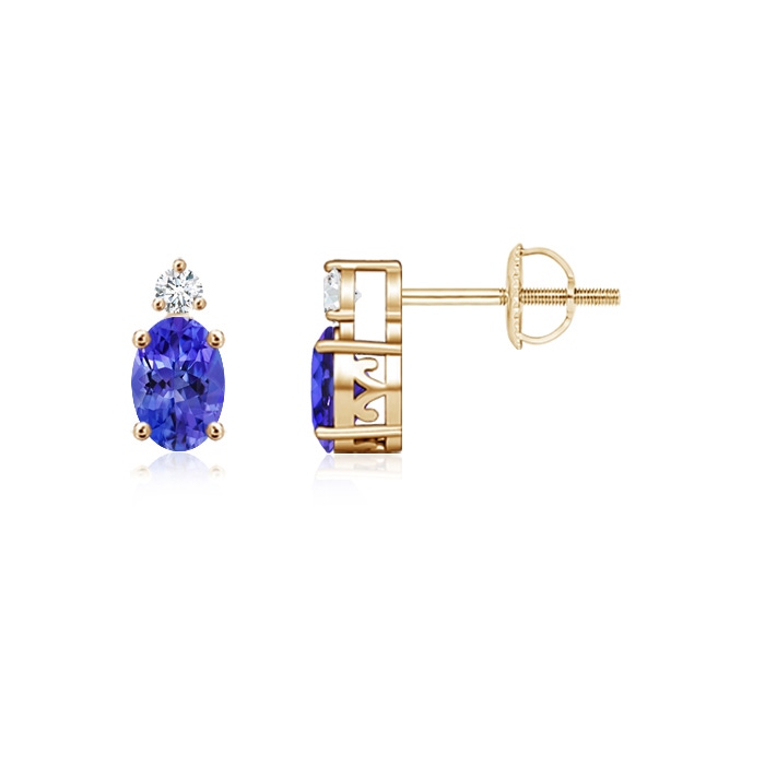 5x3mm AAAA Basket-Set Oval Tanzanite Stud Earrings with Diamond in Yellow Gold