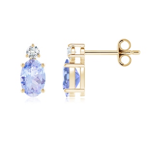 6x4mm A Basket-Set Oval Tanzanite Stud Earrings with Diamond in Yellow Gold