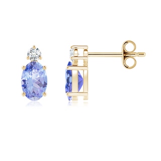 6x4mm AA Basket-Set Oval Tanzanite Stud Earrings with Diamond in 9K Yellow Gold
