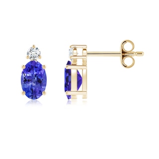 6x4mm AAAA Basket-Set Oval Tanzanite Stud Earrings with Diamond in Yellow Gold