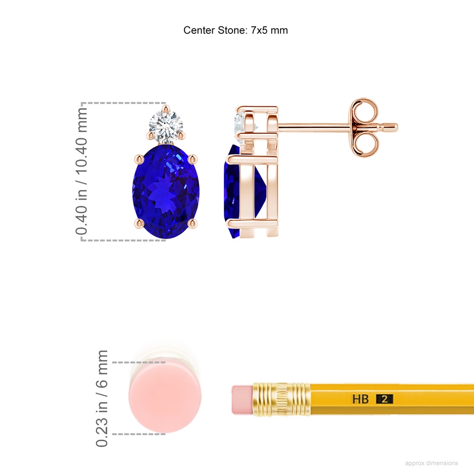 7x5mm AAAA Basket-Set Oval Tanzanite Stud Earrings with Diamond in 18K Rose Gold ruler