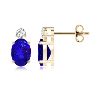 7x5mm AAAA Basket-Set Oval Tanzanite Stud Earrings with Diamond in Yellow Gold