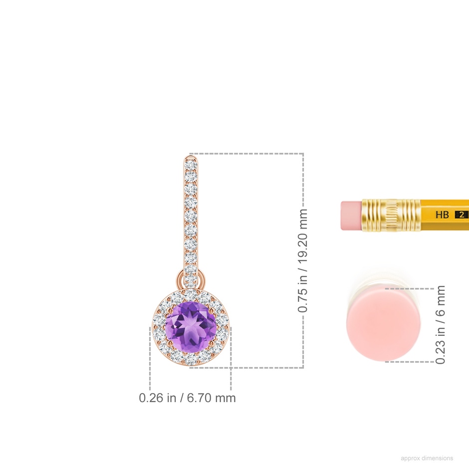 4mm A Round Amethyst Dangle Earrings with Diamond Halo in Rose Gold ruler