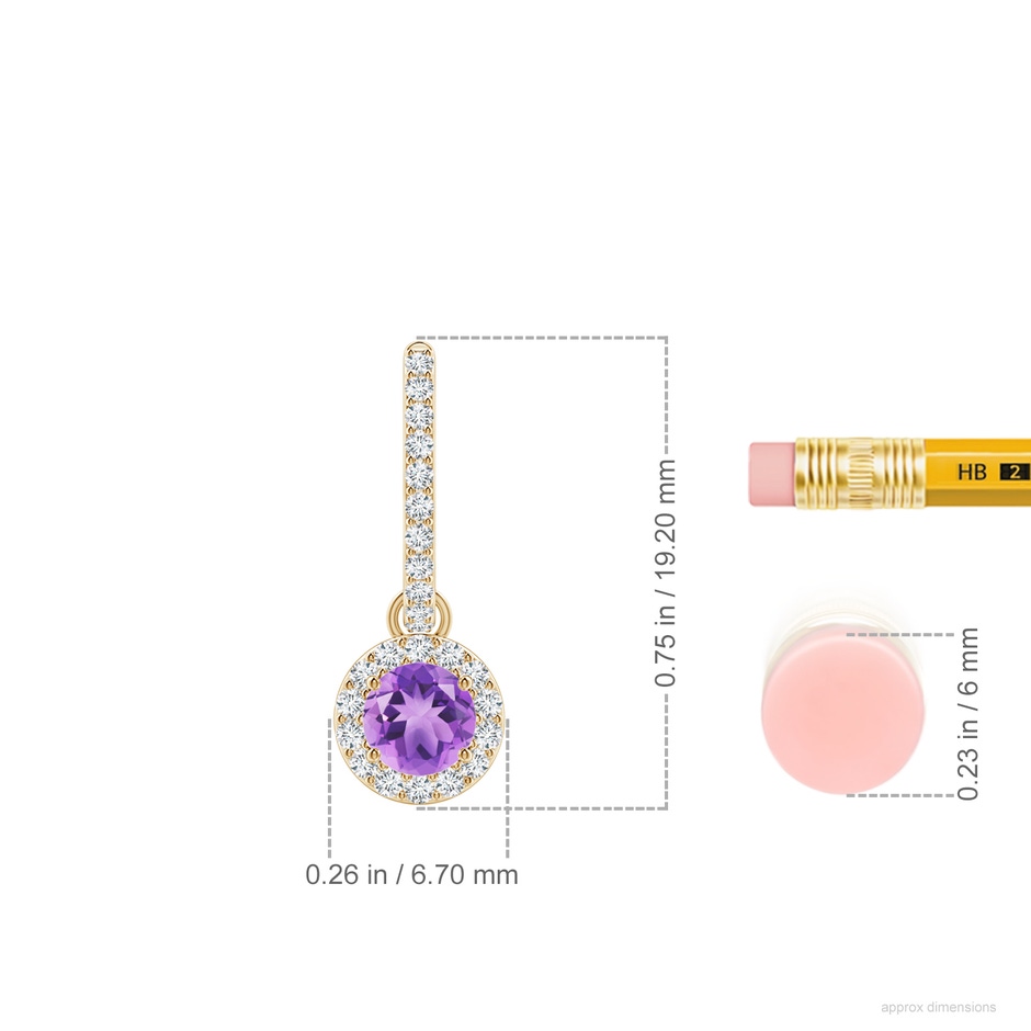 4mm A Round Amethyst Dangle Earrings with Diamond Halo in Yellow Gold ruler