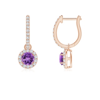 4mm AA Round Amethyst Dangle Earrings with Diamond Halo in Rose Gold