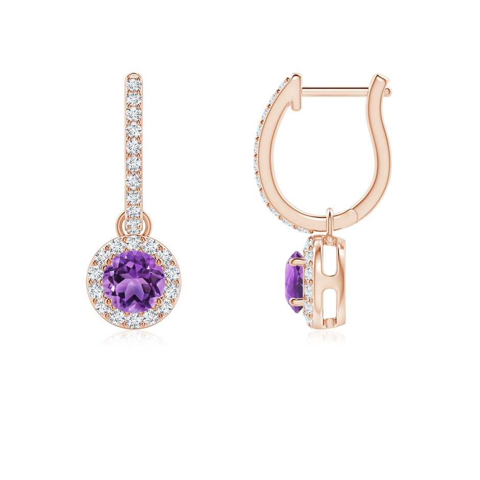 4mm AA Round Amethyst Dangle Earrings with Diamond Halo in Rose Gold 