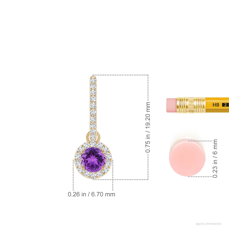 4mm AAA Round Amethyst Dangle Earrings with Diamond Halo in 18K Yellow Gold ruler